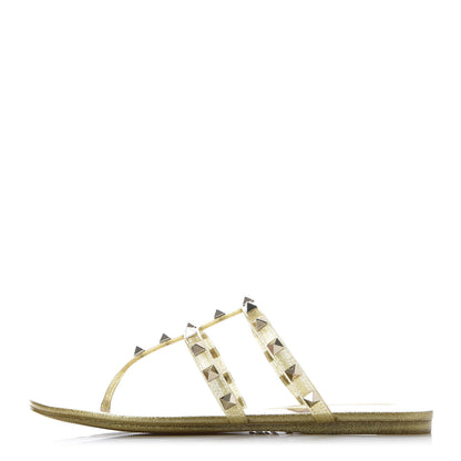 Valentino Garavani PVC Jelly Glitter Rockstud Caged Flat Thong Sandals 37 Oro 1 of 9