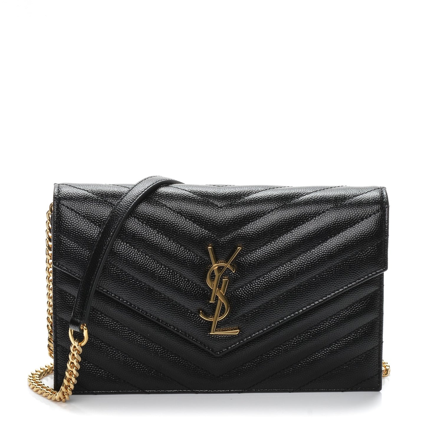 Grain De Poudre Matelasse Chevron Monogram Envelope Chain Wallet Black