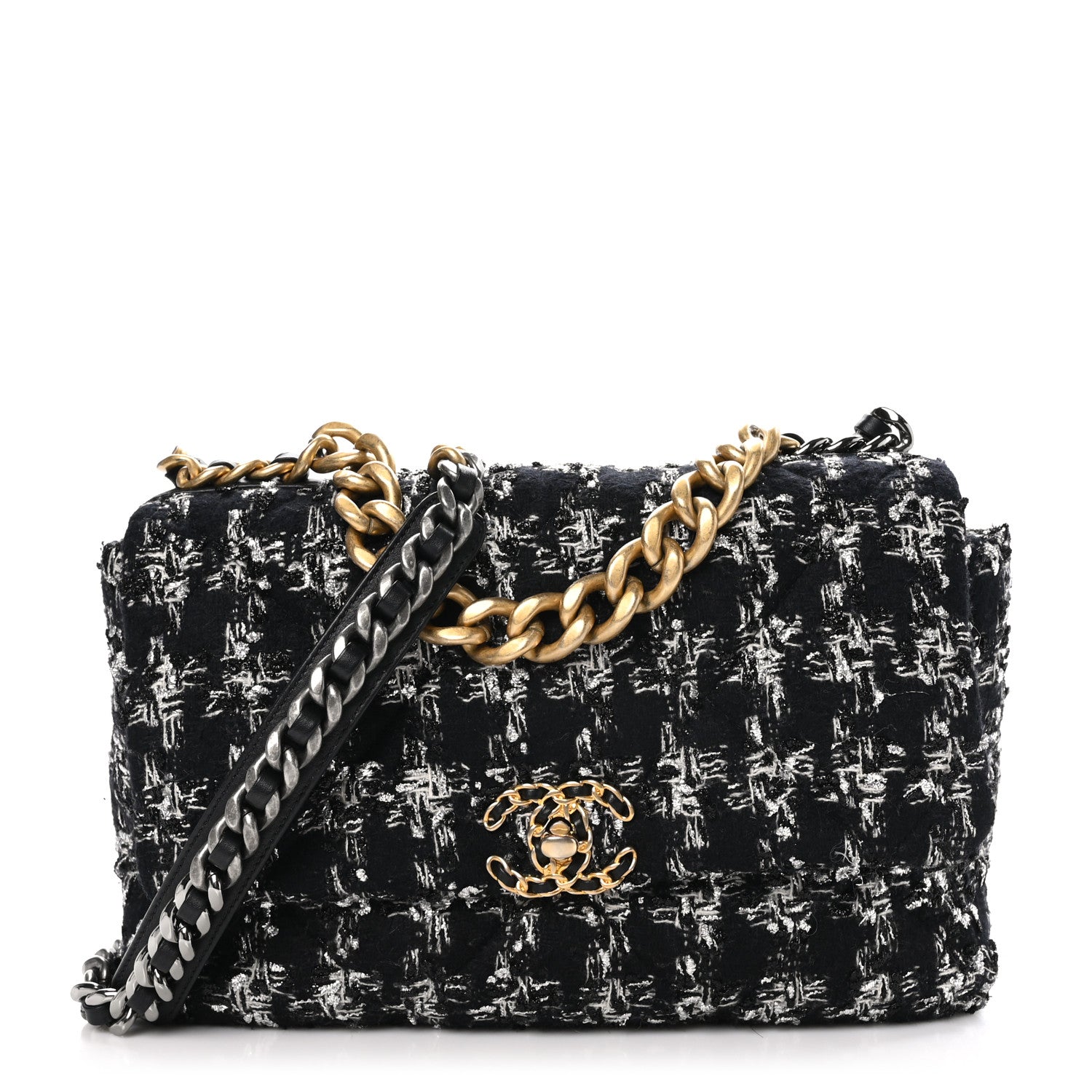 Chanel Tweed Quilted Large Chanel 19 Flap Black Silver Ecru 1 of 11