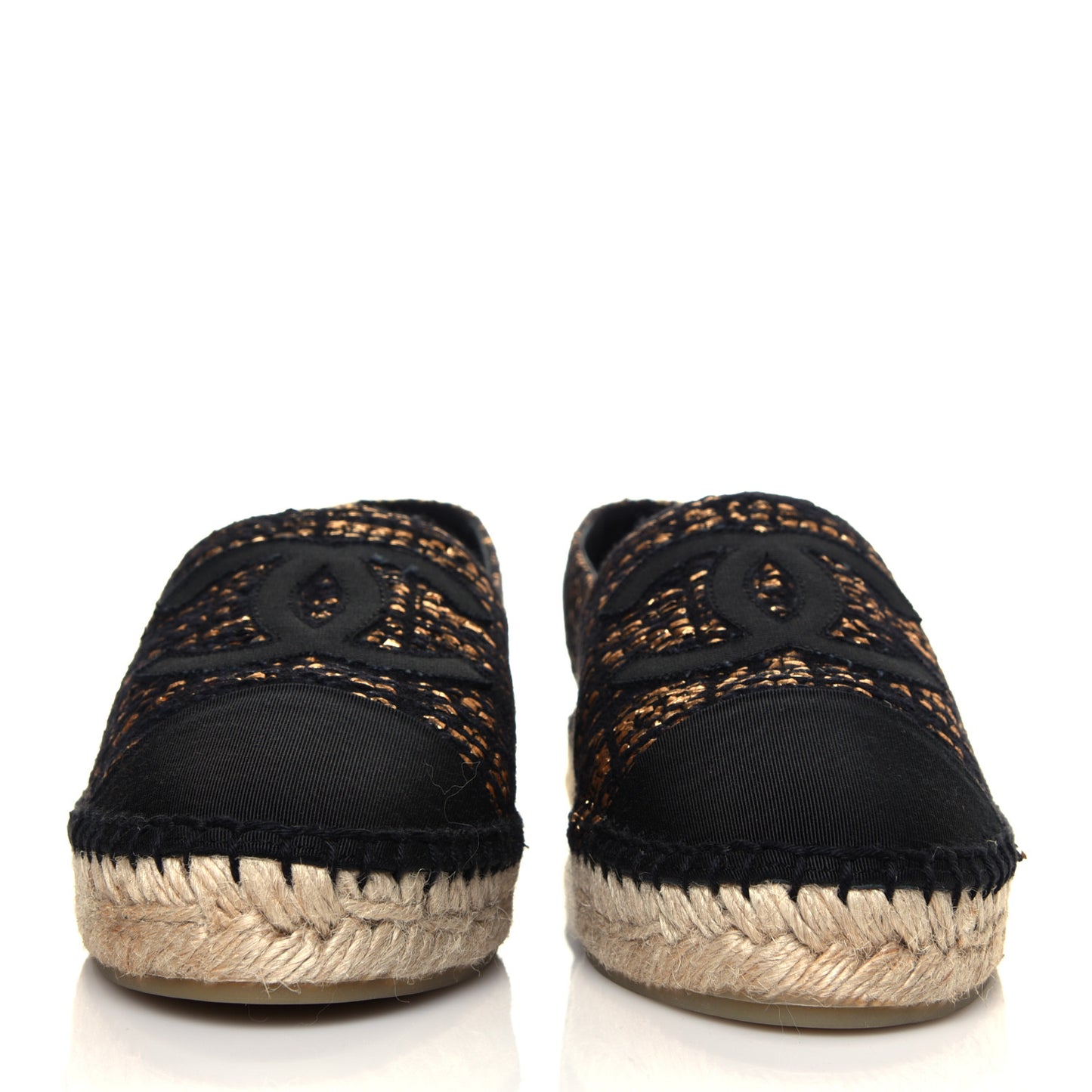 Metallic Tweed Grosgrain CC Espadrilles 39 Black Gold