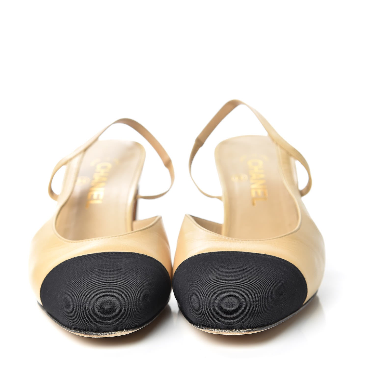 Chanel Goatskin Grosgrain Cap Toe CC Slingback Pumps 40 Beige Black 2 of 13