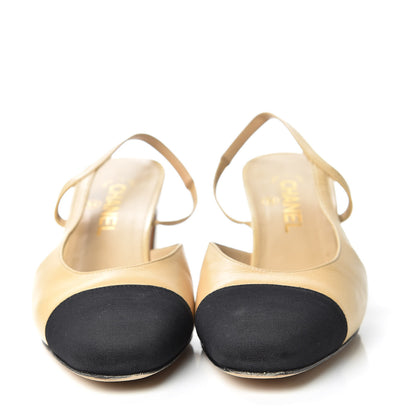 Chanel Goatskin Grosgrain Cap Toe CC Slingback Pumps 40 Beige Black 2 of 13