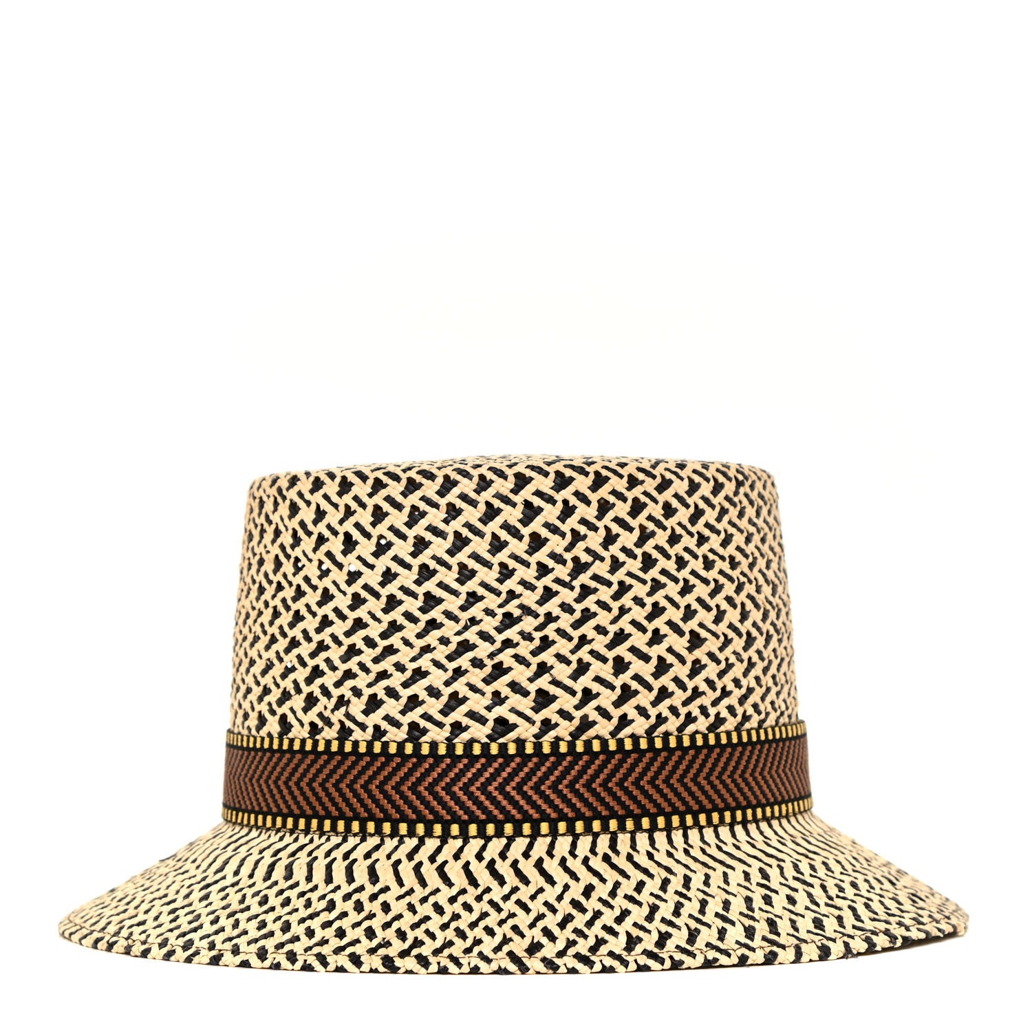 Hermes Straw Adele Panama Hat 59 Black Naturel Marron Jaune 1 of 6