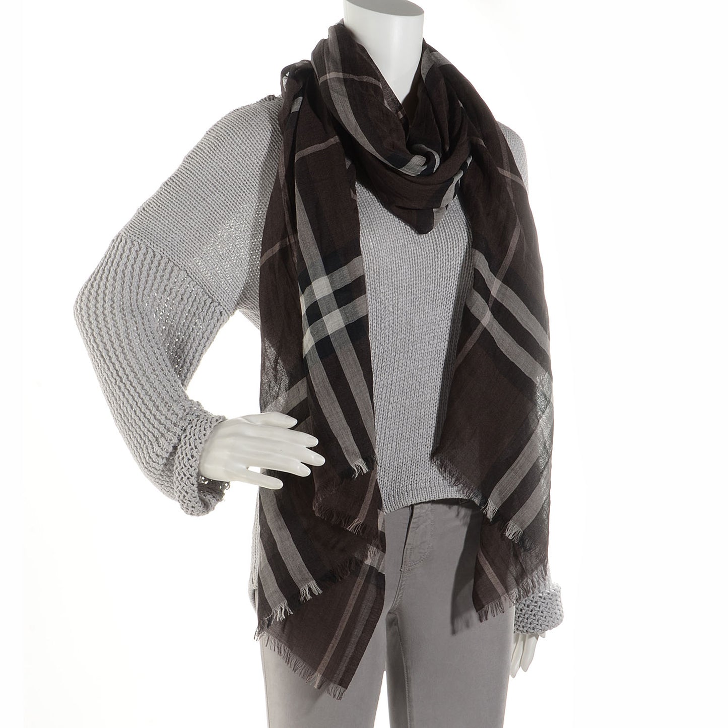 Wool Silk Giant Check Gauze Scarf Brown