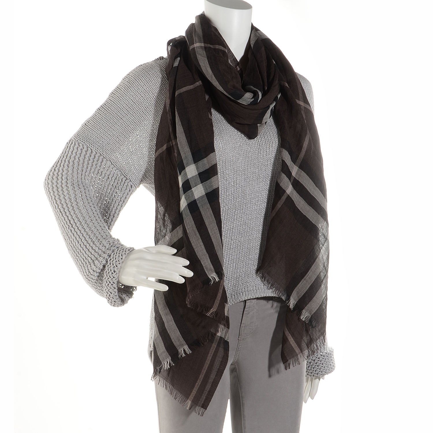 Burberry Wool Silk Giant Check Gauze Scarf Brown 2 of 7
