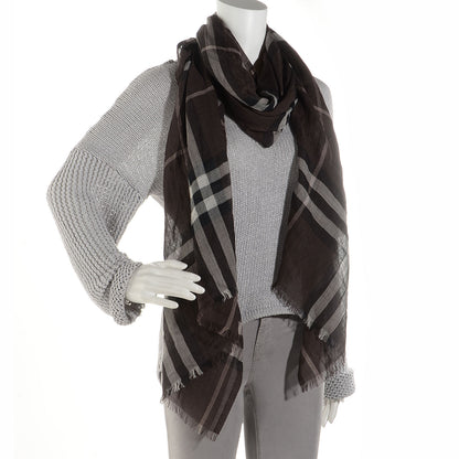 Burberry Wool Silk Giant Check Gauze Scarf Brown 2 of 7