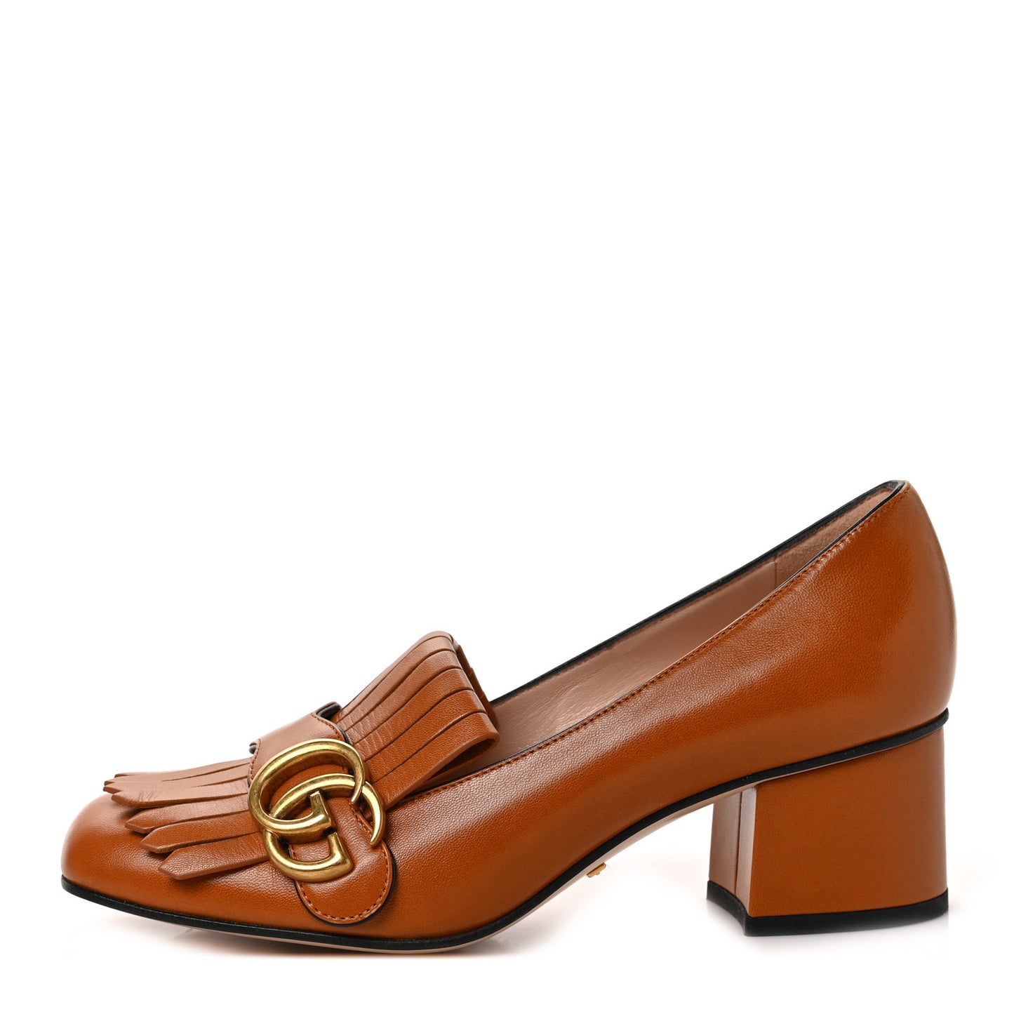 Malaga Kid GG Marmont Fringe 50mm Loafer Pumps 36 Cognac