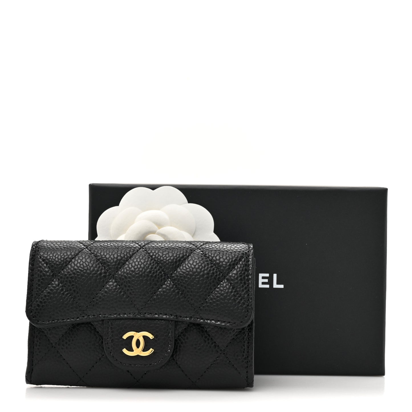 Caviar Quilted Flap Card Holder Wallet Black
