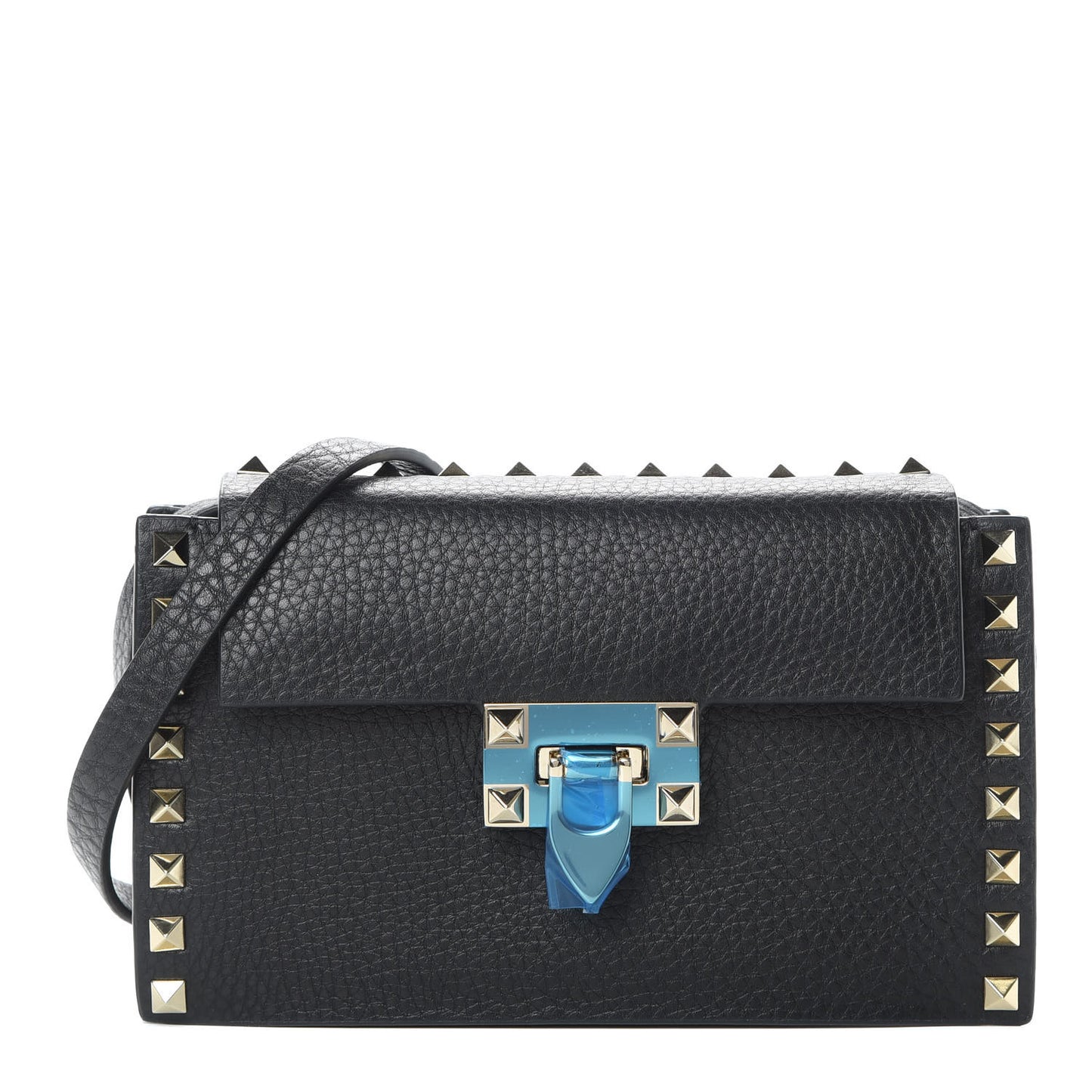 Pebbled Calfskin Small Rockstud Overlay Flap Shoulder Bag Black