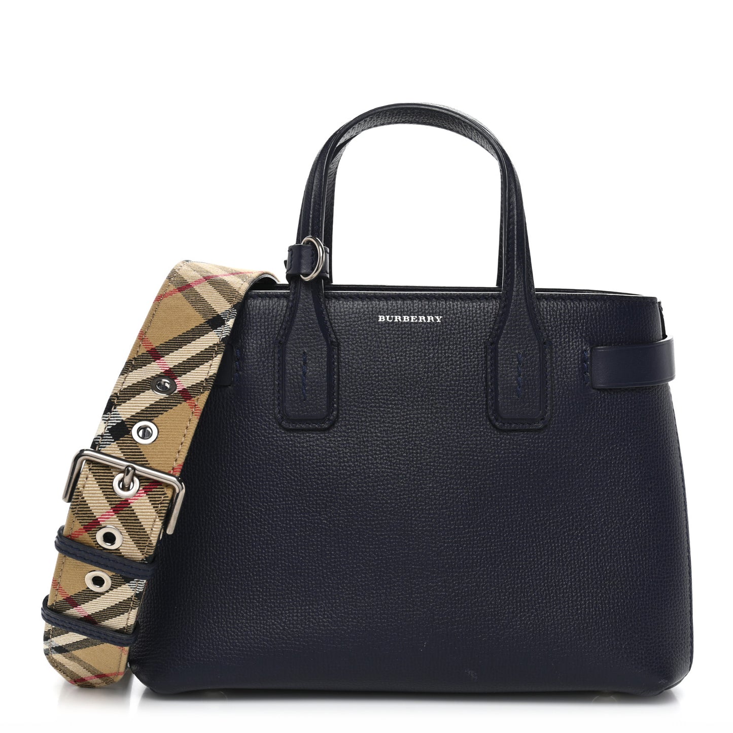 Grainy Calfskin House Check Small Banner Tote Ink Blue