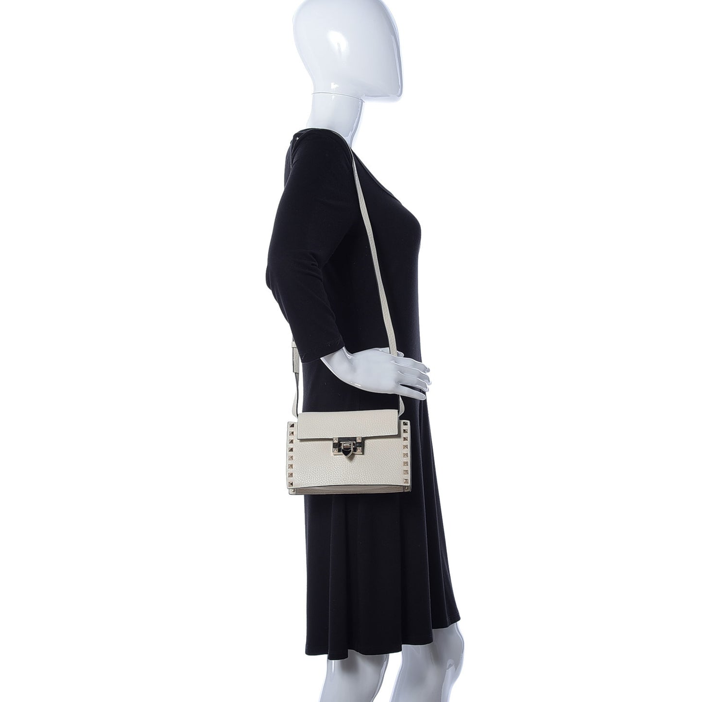 Pebbled Calfskin Small Rockstud Overlay Flap Shoulder Bag Light Ivory