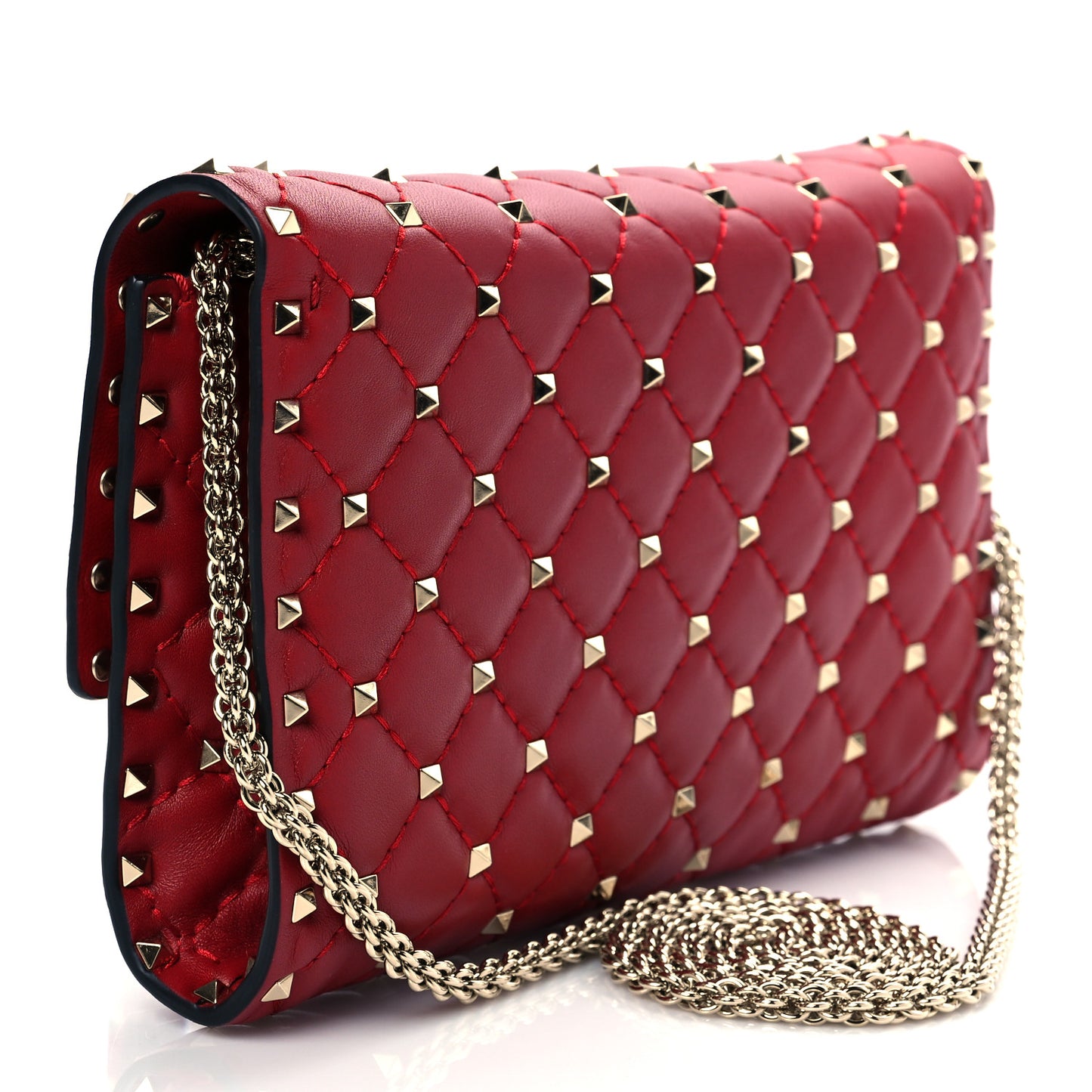 Lambskin Rockstud Spike Wallet on Chain Red