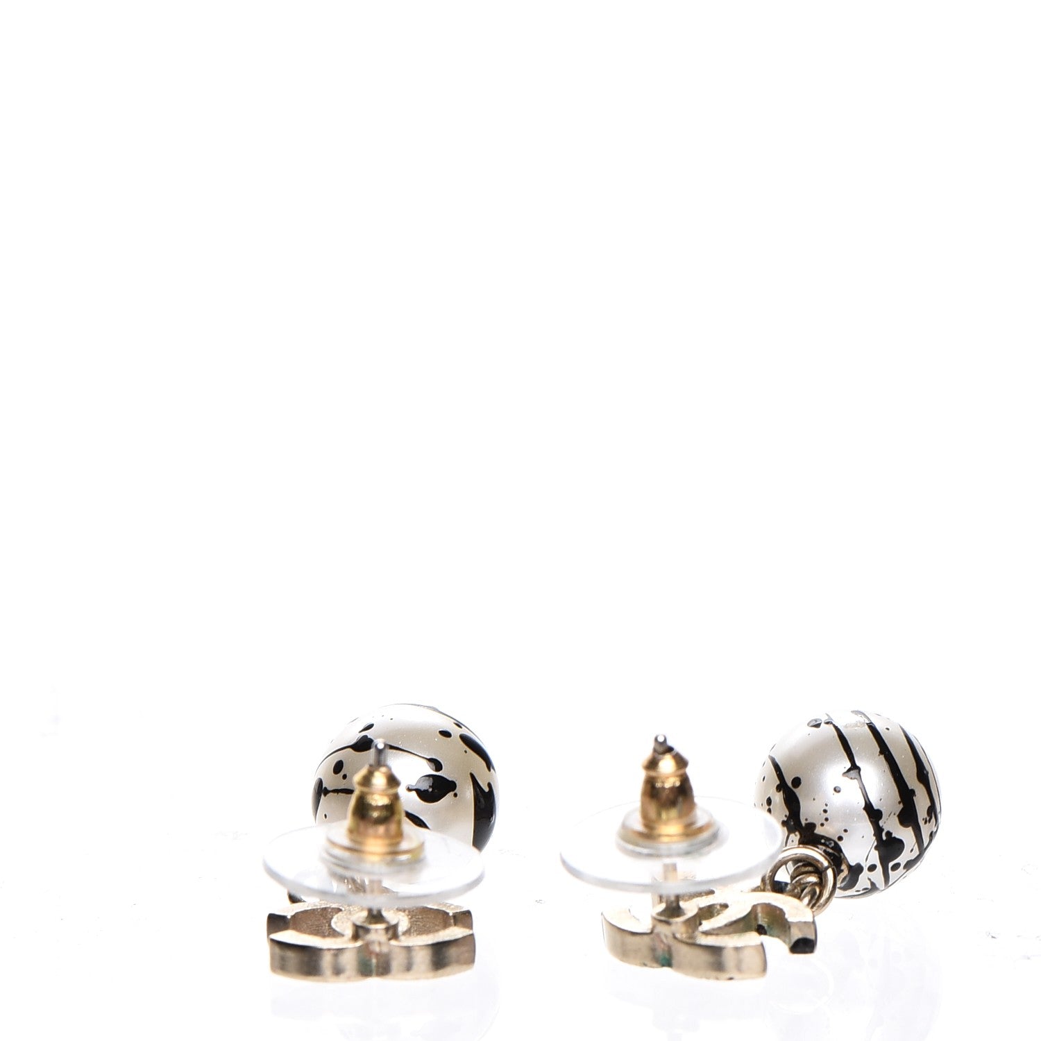 Chanel Pearl Bead CC Jackson Pollock Splattered Paint Drop Earrings Black Gold 4 of 5