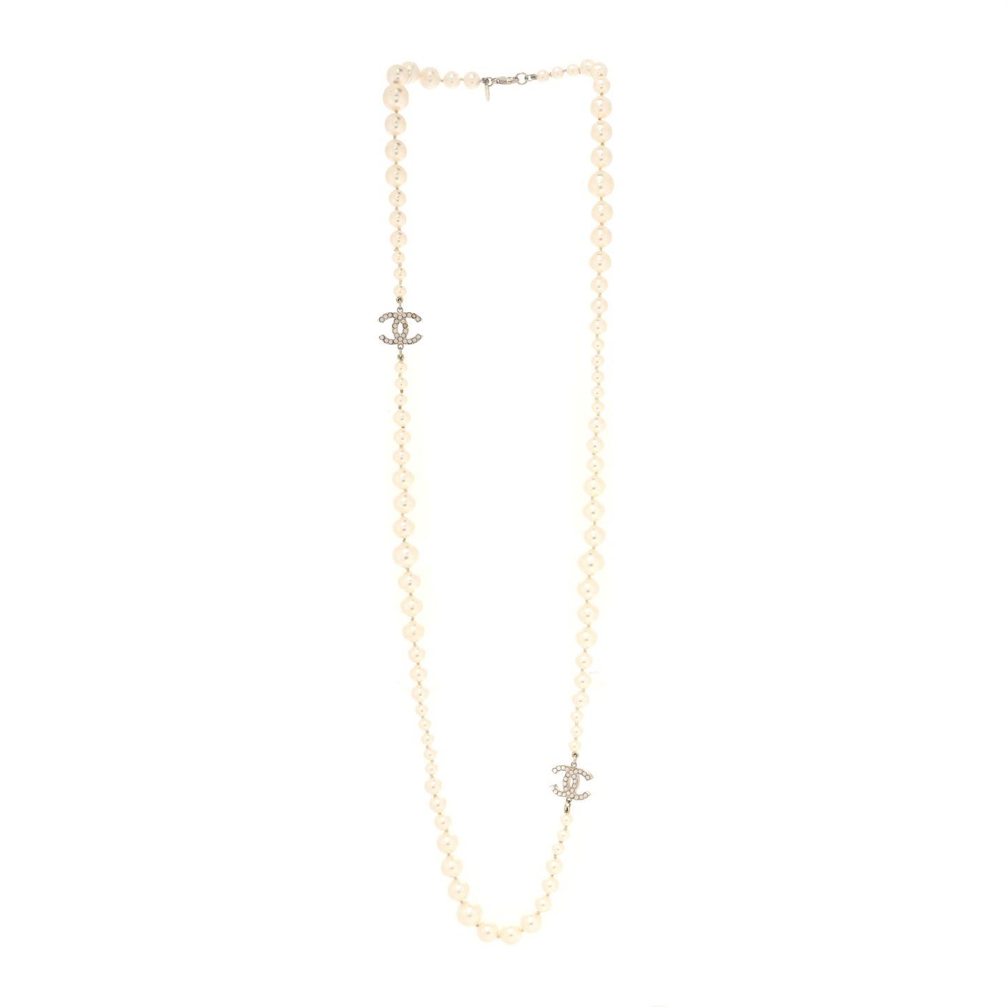 Crystal Pearl CC Long Necklace Silver