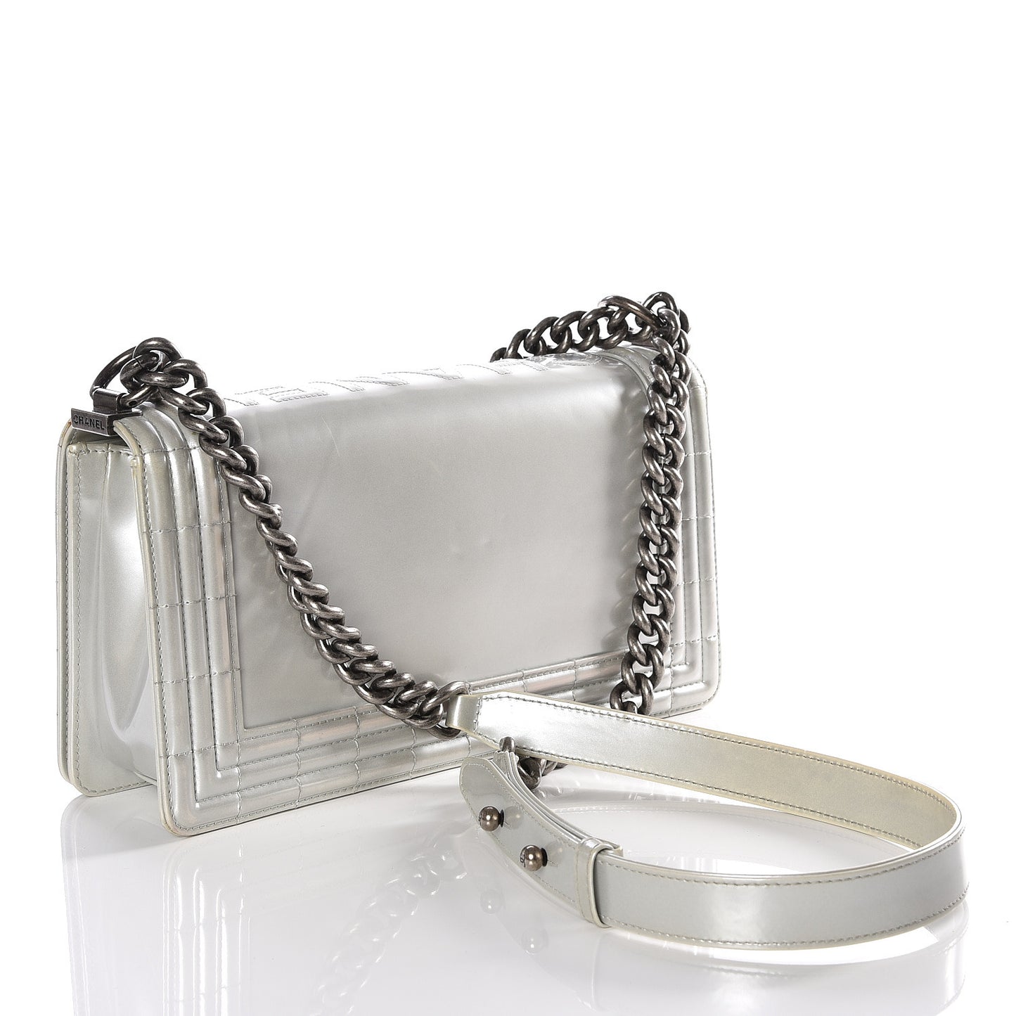 Iridescent Glazed Calfskin Medium Boy Flap Silver