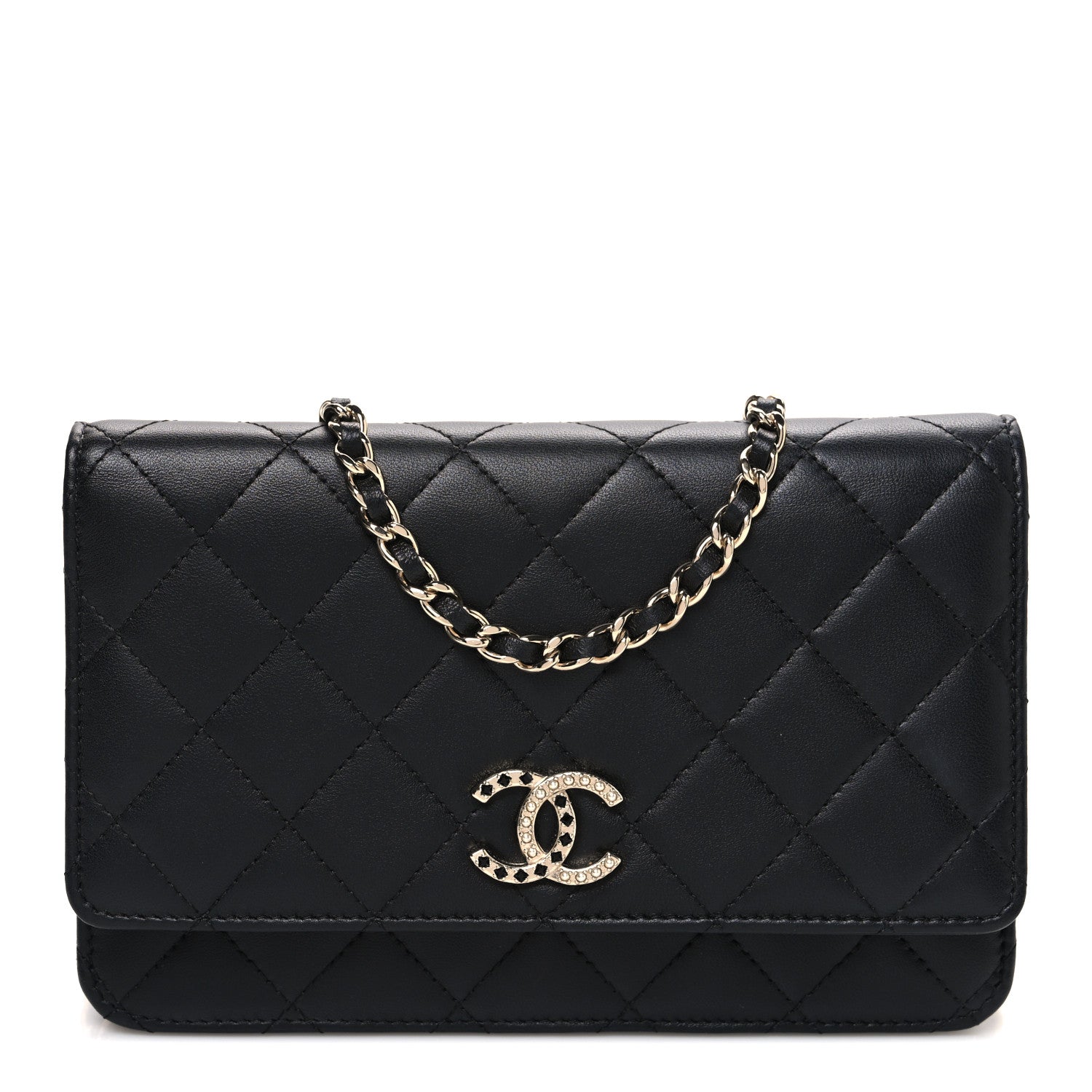 Chanel Lambskin Pearl Strass Quilted CC Wallet on Chain WOC Black 1 of 11