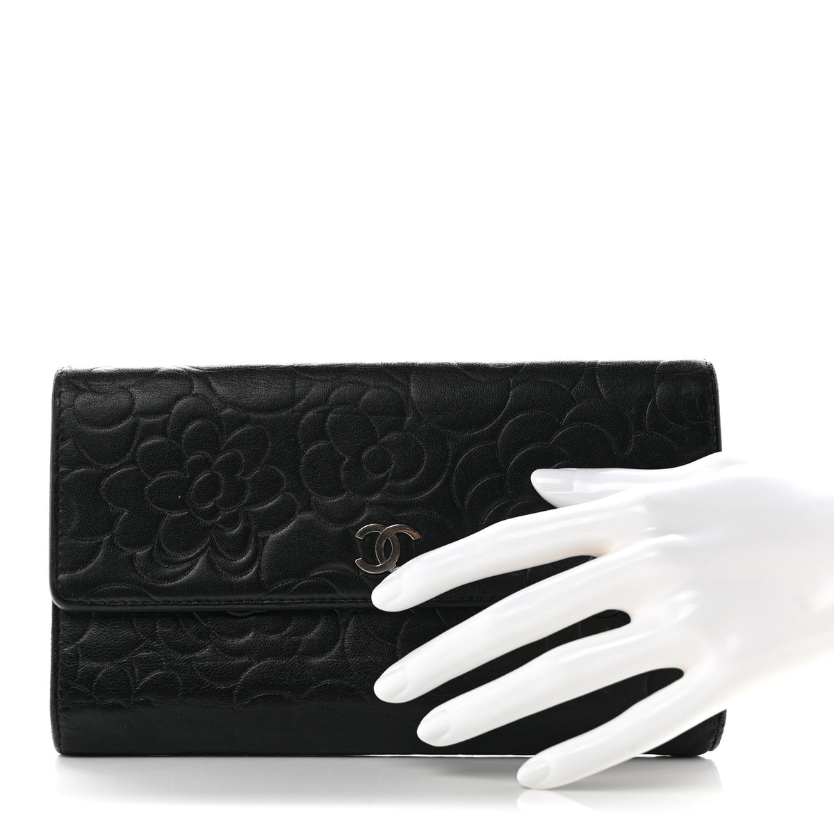 Chanel Lambskin Camellia Embossed Large Flap Wallet Black 2 of 7