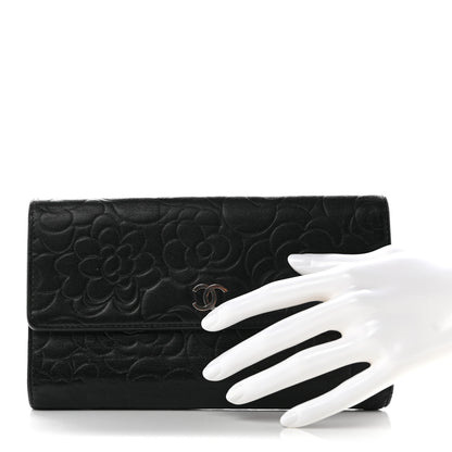 Chanel Lambskin Camellia Embossed Large Flap Wallet Black 2 of 7