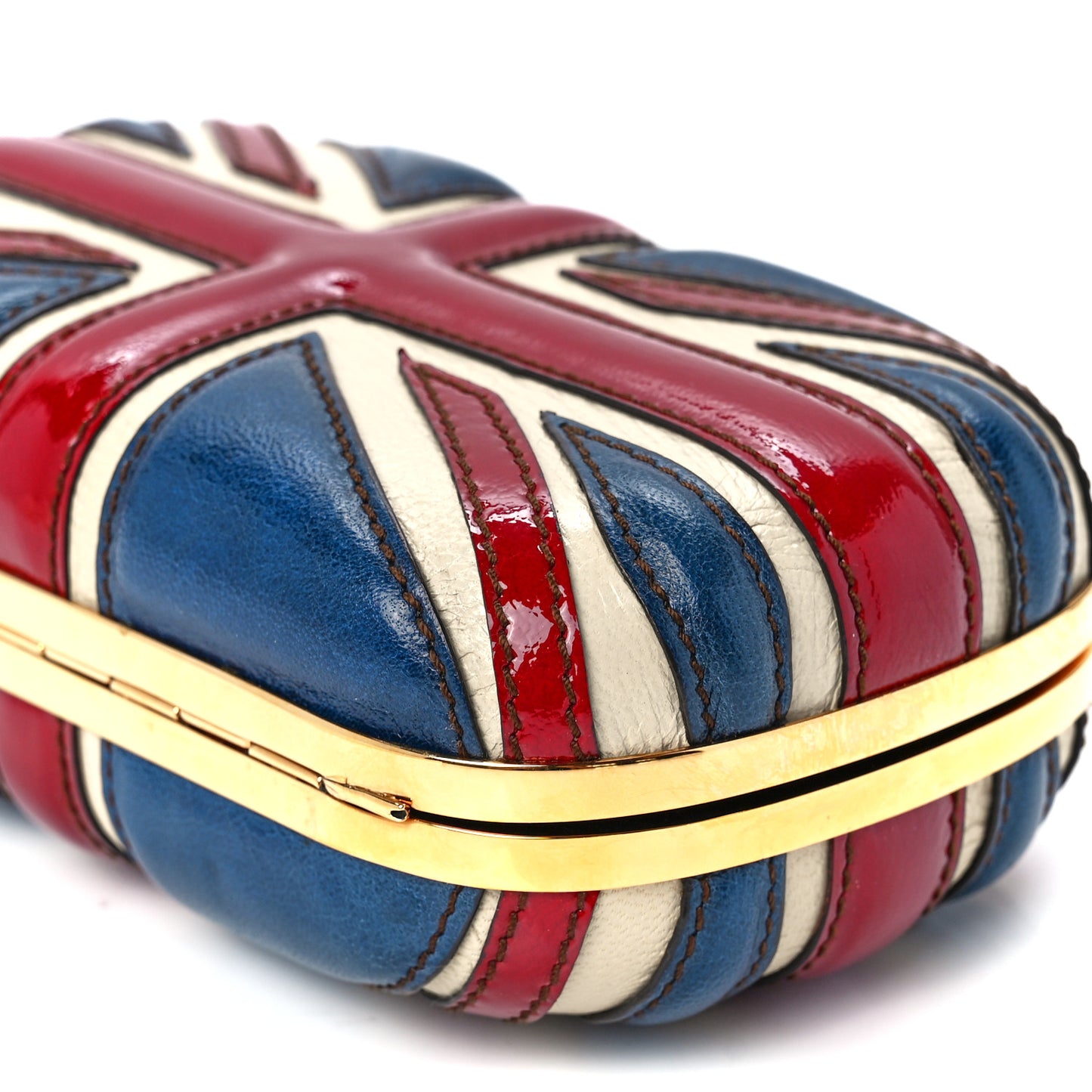Patent Calfskin Britannia Skull Box Clutch Red Blue