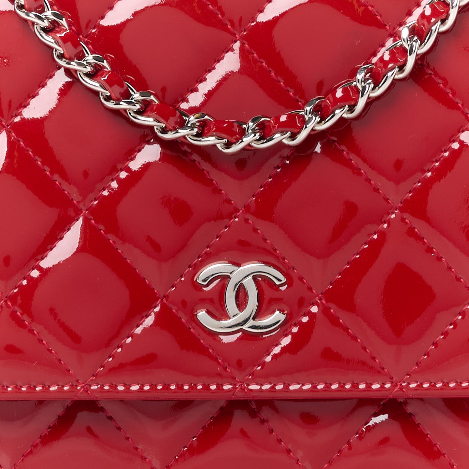 Chanel Patent Quilted Wallet On Chain WOC Red 9 of 12