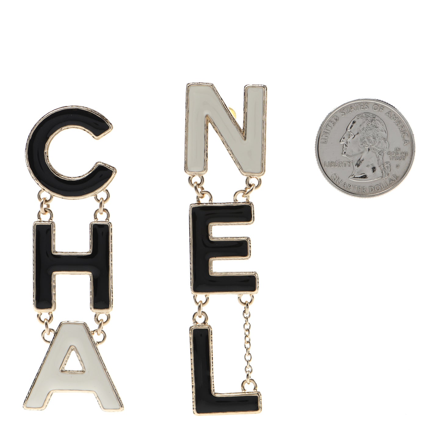 Metal Enamel Cha-Nel Logo Drop Earrings Black White