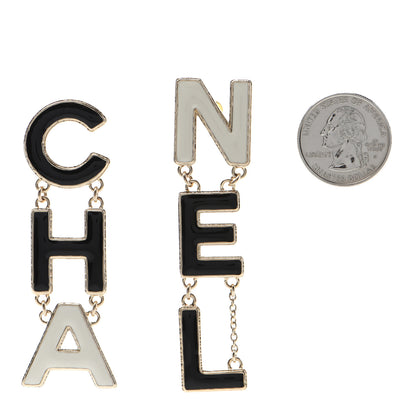 Chanel Metal Enamel Cha-Nel Logo Drop Earrings Black White 2 of 4