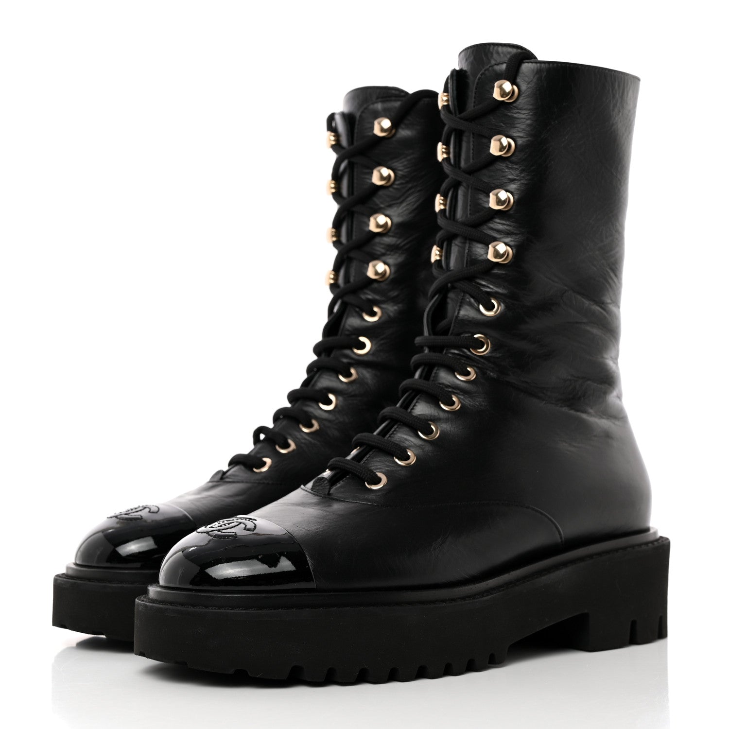 Chanel Crumpled Calfskin Patent Cap Toe Lace Up Combat Boots 38.5 Black 3 of 10