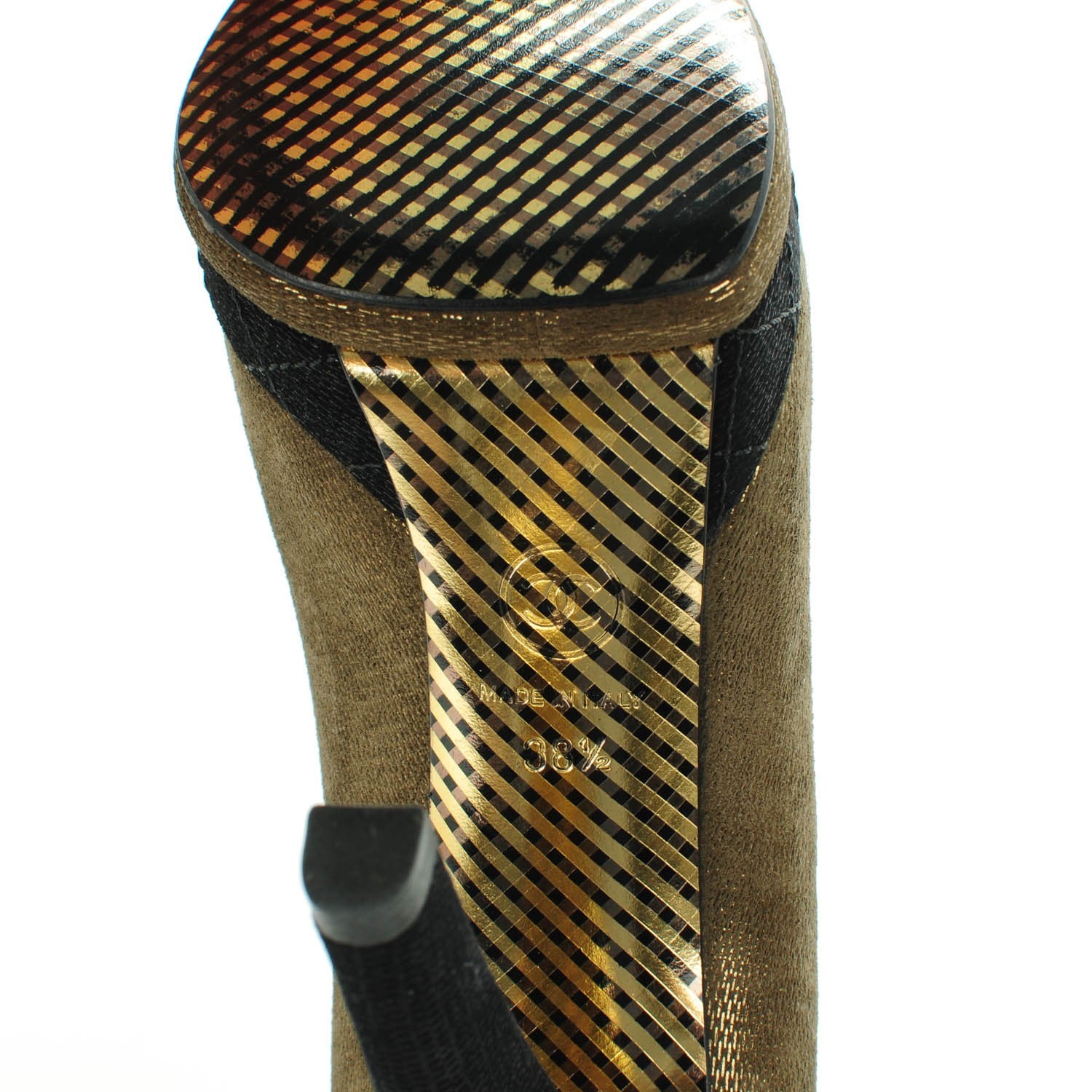 Chanel Metallic Fabric CC Cap Toe Pumps 38.5 Khaki Black 6 of 8