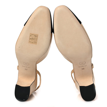 Chanel Goatskin Grosgrain Cap Toe CC Slingback Pumps 38 Beige Black 5 of 7