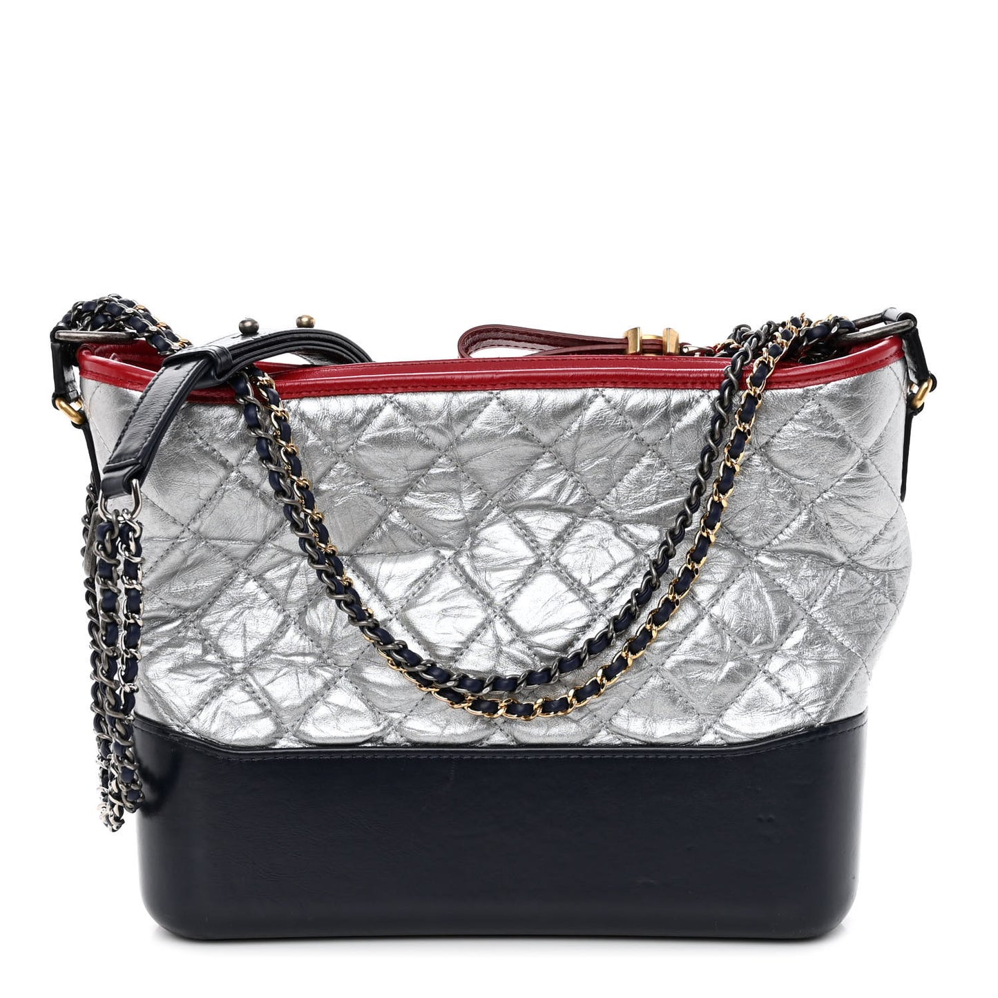 Metallic Aged Calfskin Quilted Medium Gabrielle Hobo Silver Navy Red