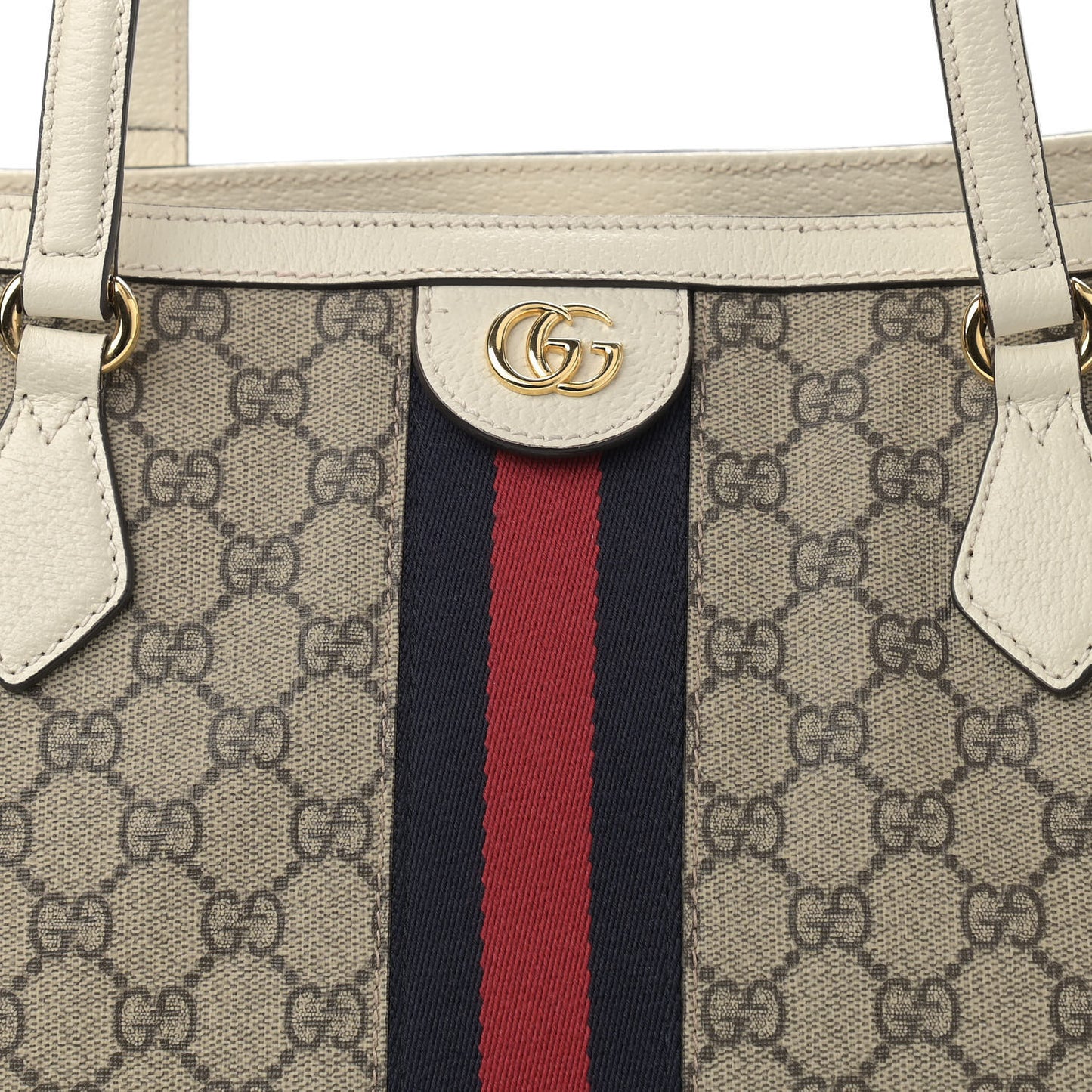 GG Supreme Monogram Textured Dollar Calfskin Web Medium Ophidia Shopping Tote Beige Ebony Mystic White