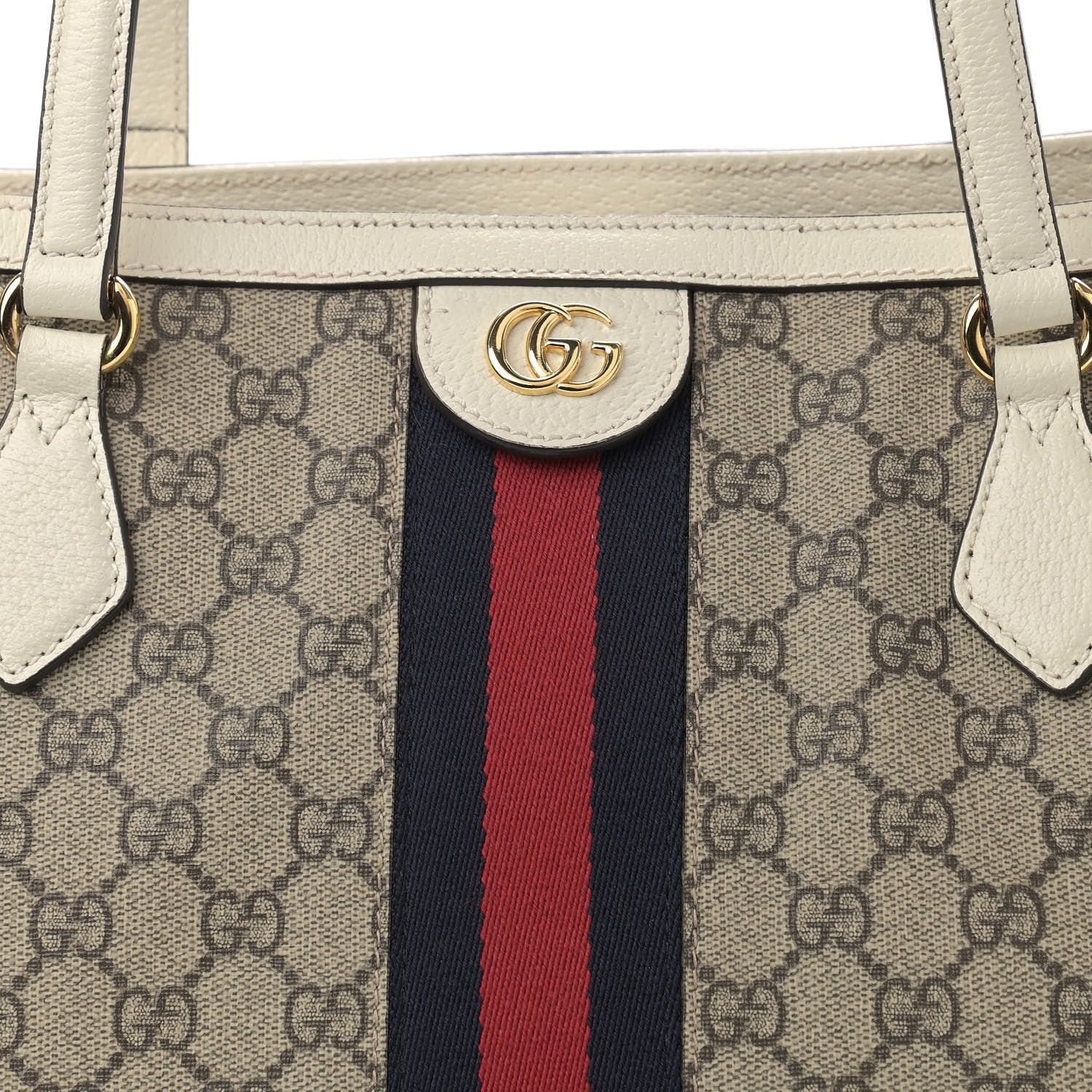 Gucci GG Supreme Monogram Textured Dollar Calfskin Web Medium Ophidia Shopping Tote Beige Ebony Mystic White 8 of 10