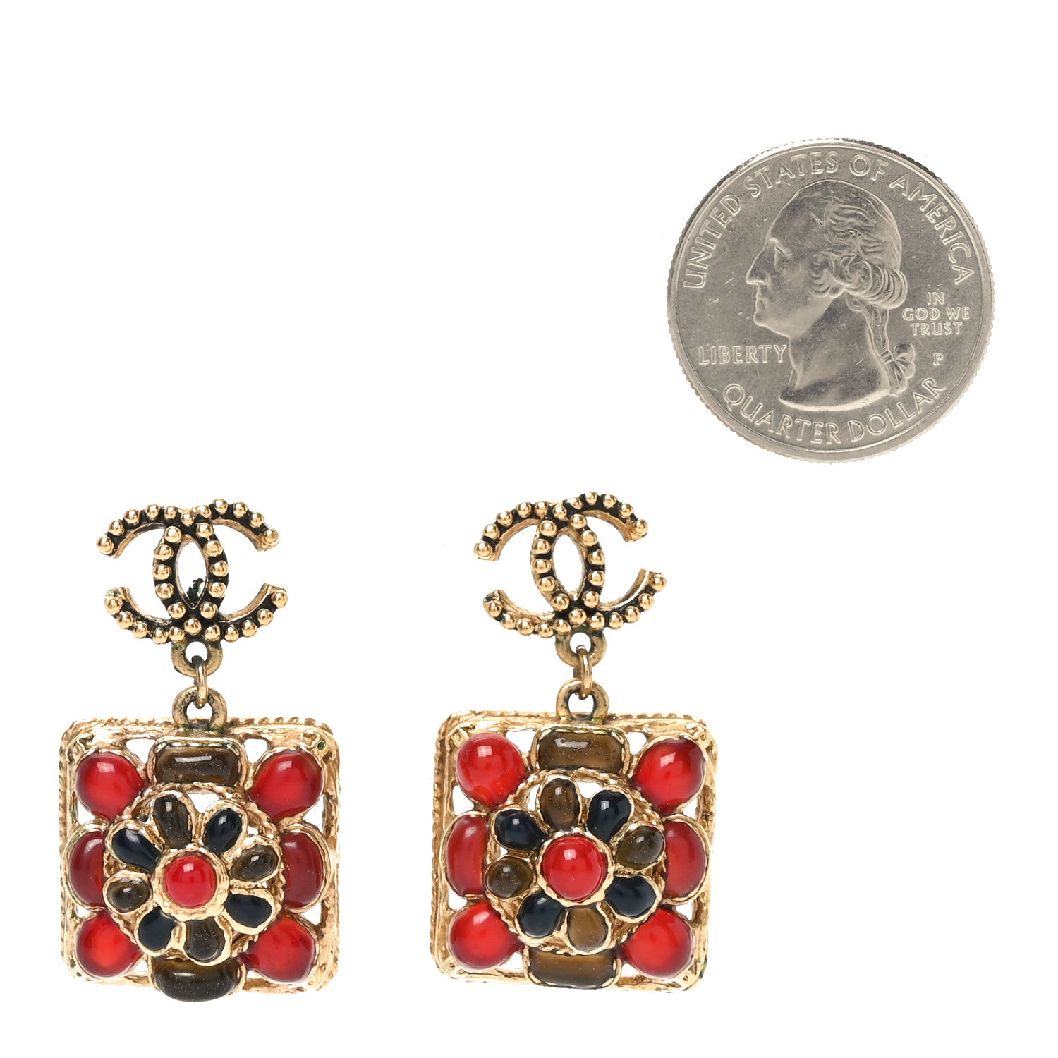 Chanel Gripoix Poured Glass Square CC Drop Earrings Red Blue Gold 2 of 4