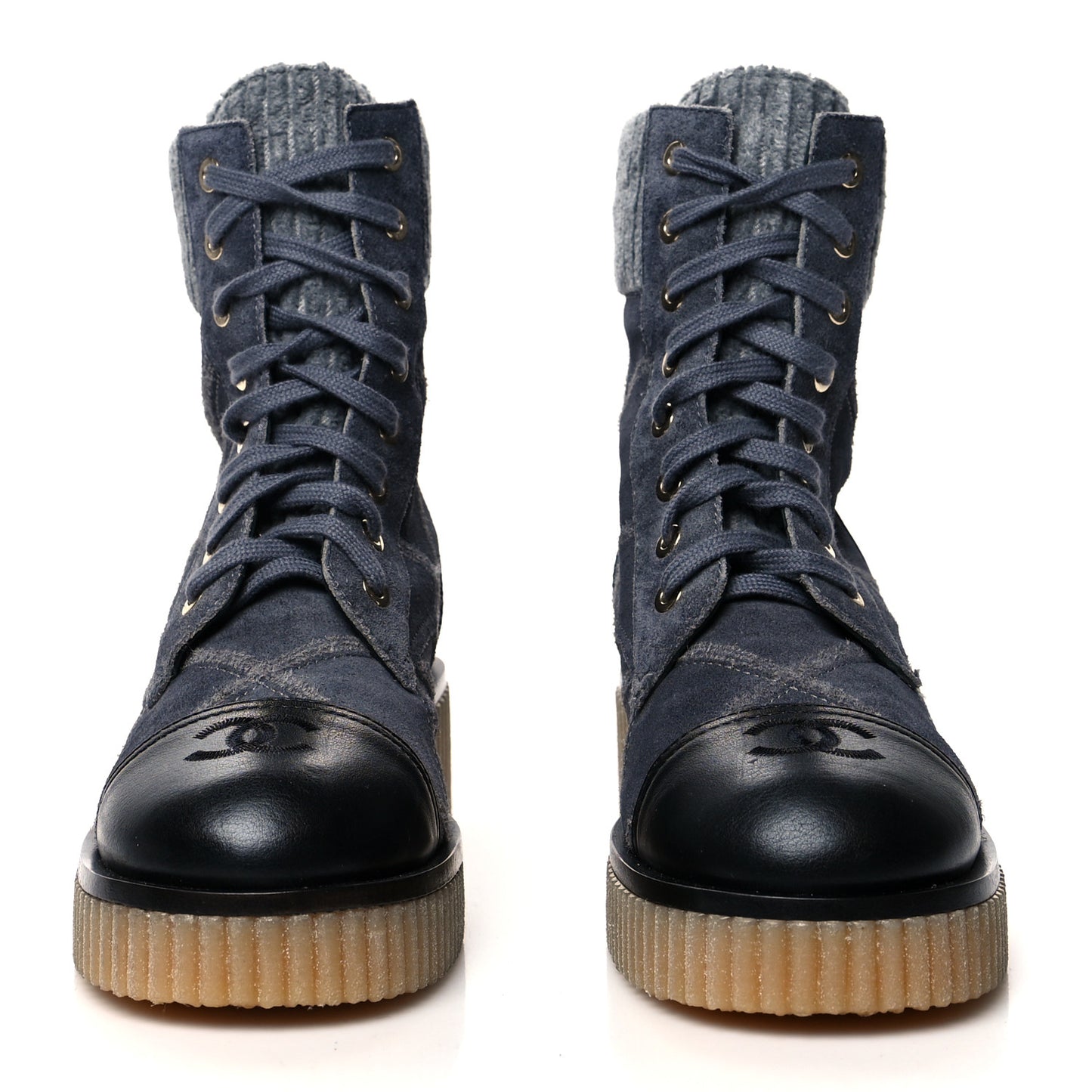 Suede Calfskin Velvet Quilted CC Combat Boots 36.5 Dark Grey