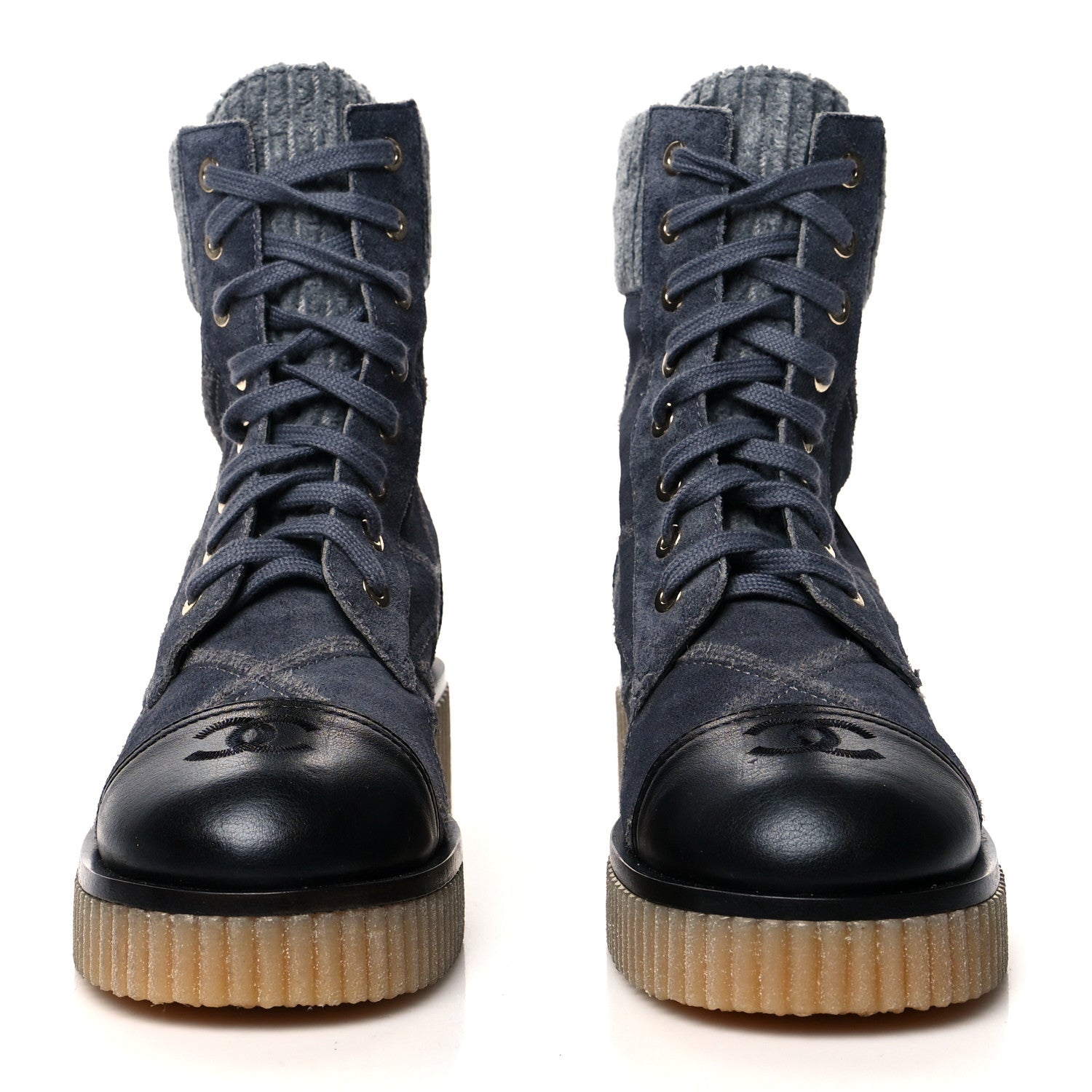 Chanel Suede Calfskin Velvet Quilted CC Combat Boots 36.5 Dark Grey 2 of 8