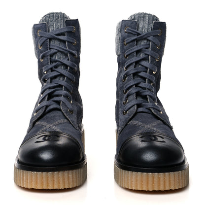 Chanel Suede Calfskin Velvet Quilted CC Combat Boots 36.5 Dark Grey 2 of 8