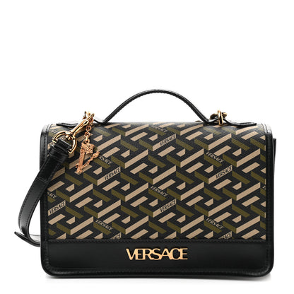 Versace Coated Canvas La Greca Signature Top Handle Bag Black Khaki 1 of 9