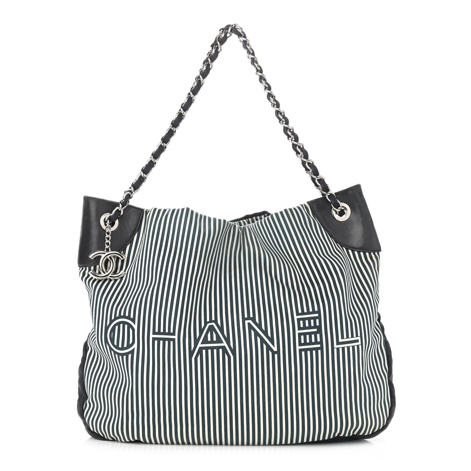 Chanel Striped Canvas Logo Tote Black 1 of 10