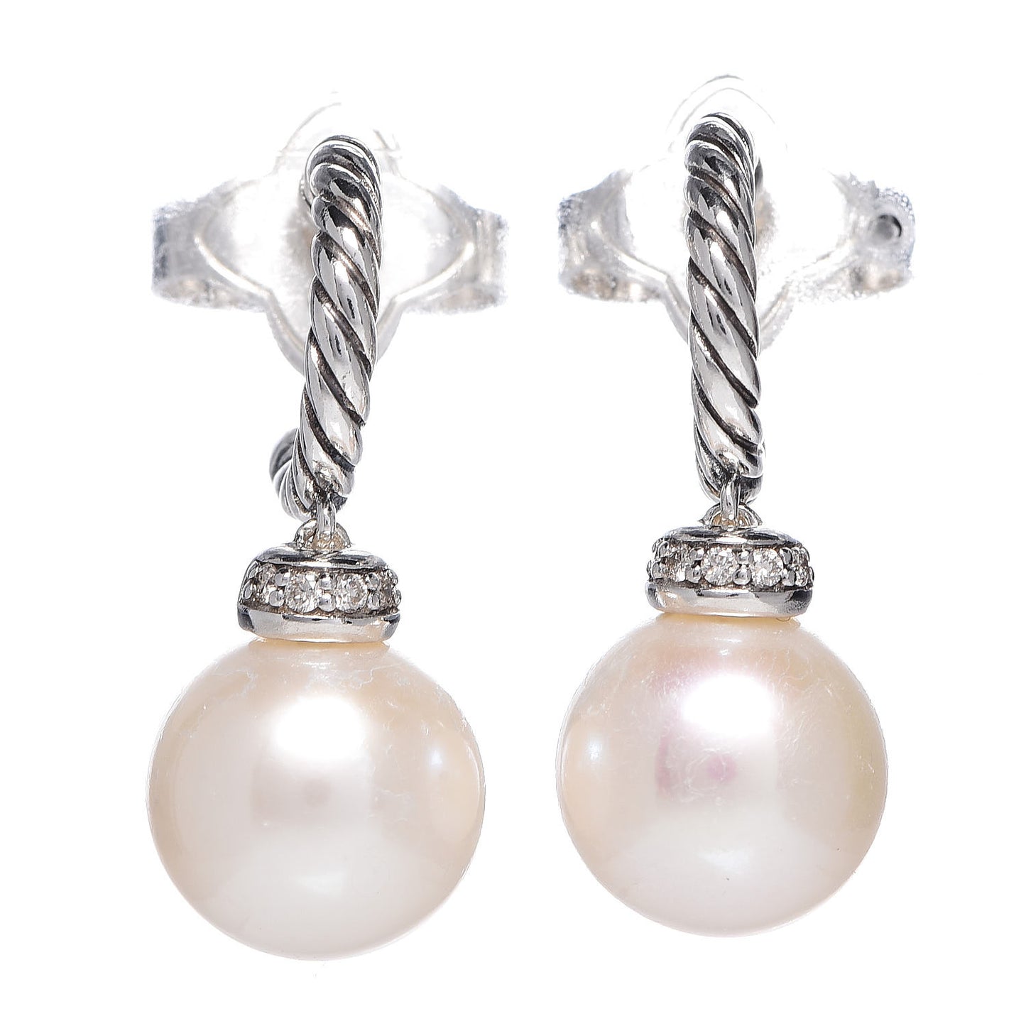 Sterling Silver 14K Yellow Gold Freshwater Pearl Diamond Cable Hoop Earrings