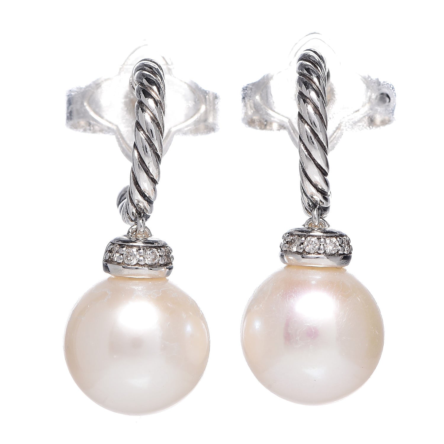David Yurman Sterling Silver 14K Yellow Gold Freshwater Pearl Diamond Cable Hoop Earrings 1 of 4
