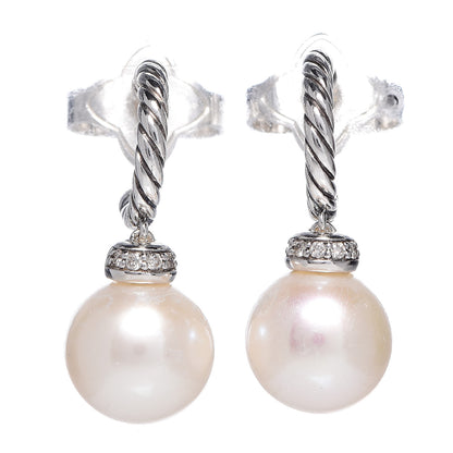 David Yurman Sterling Silver 14K Yellow Gold Freshwater Pearl Diamond Cable Hoop Earrings 1 of 4