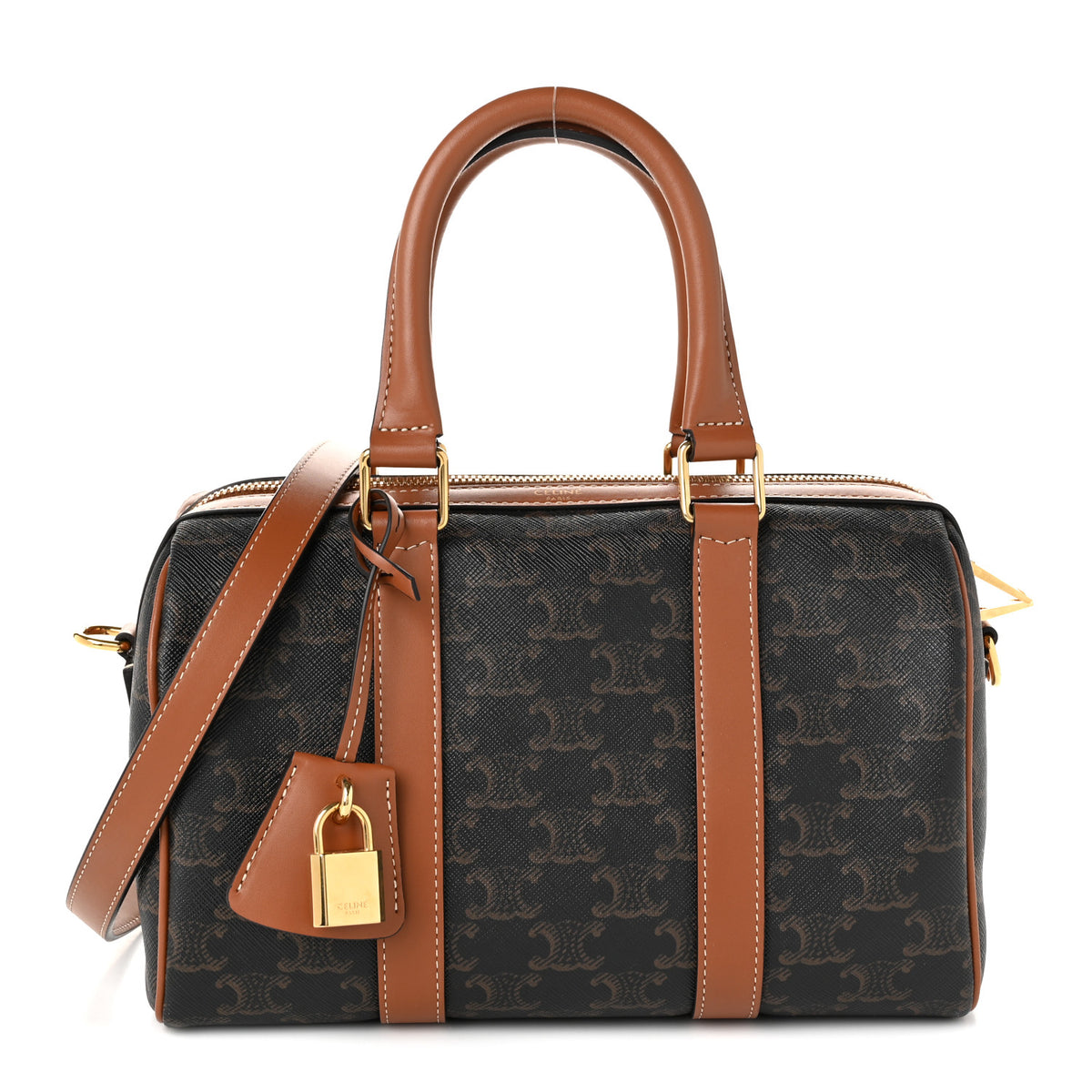 Triomphe Canvas Calfskin Medium Boston Bag Tan