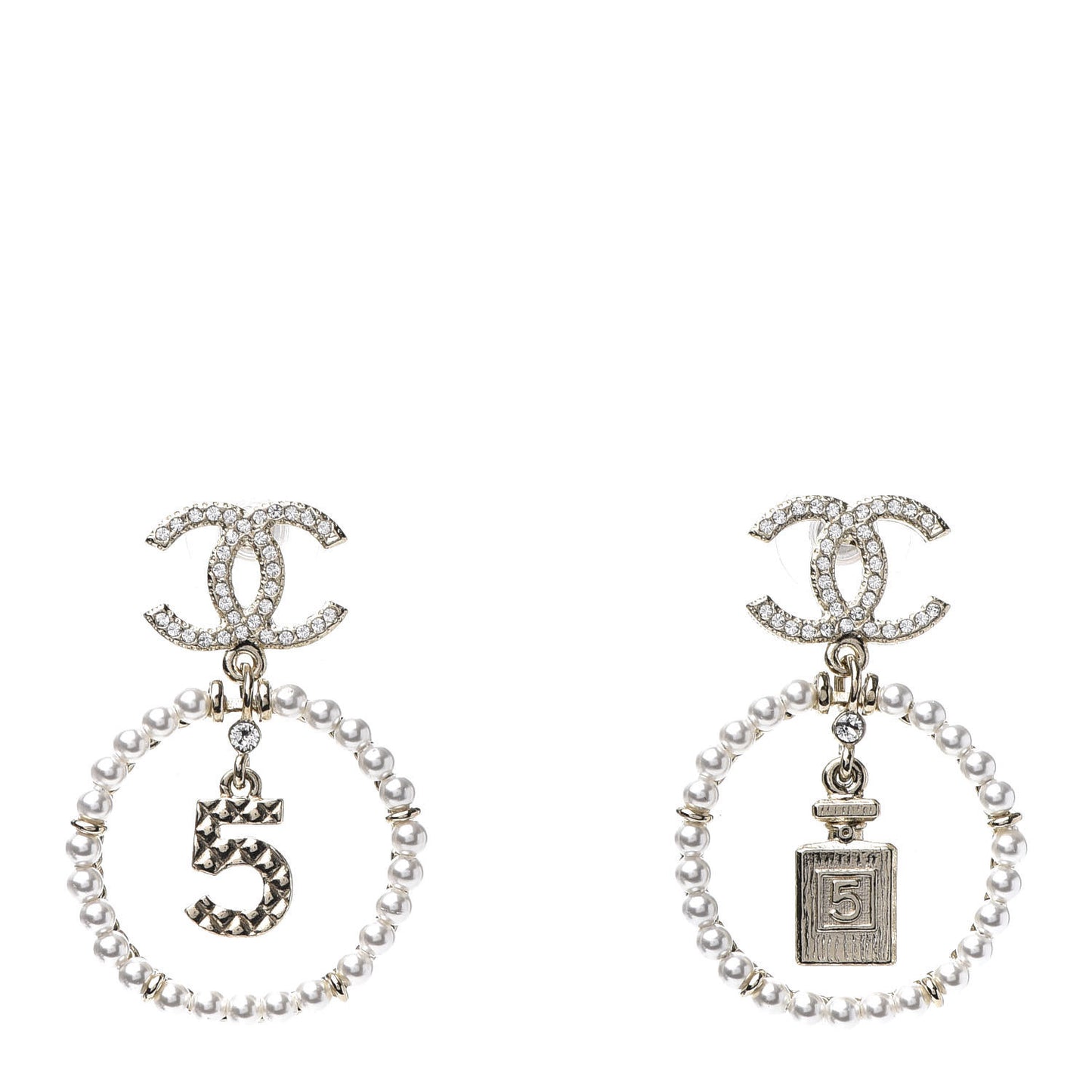 Crystal Pearl Charms CC Drop Earrings Gold