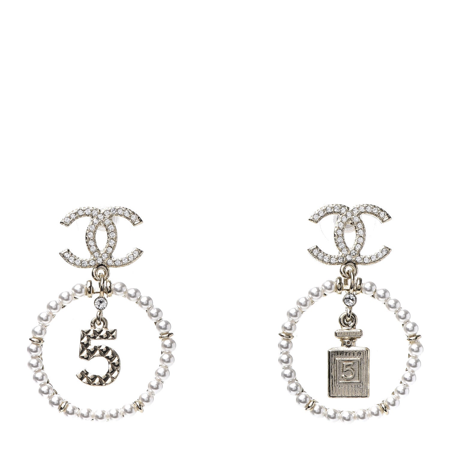Chanel Crystal Pearl Charms CC Drop Earrings Gold 1 of 5
