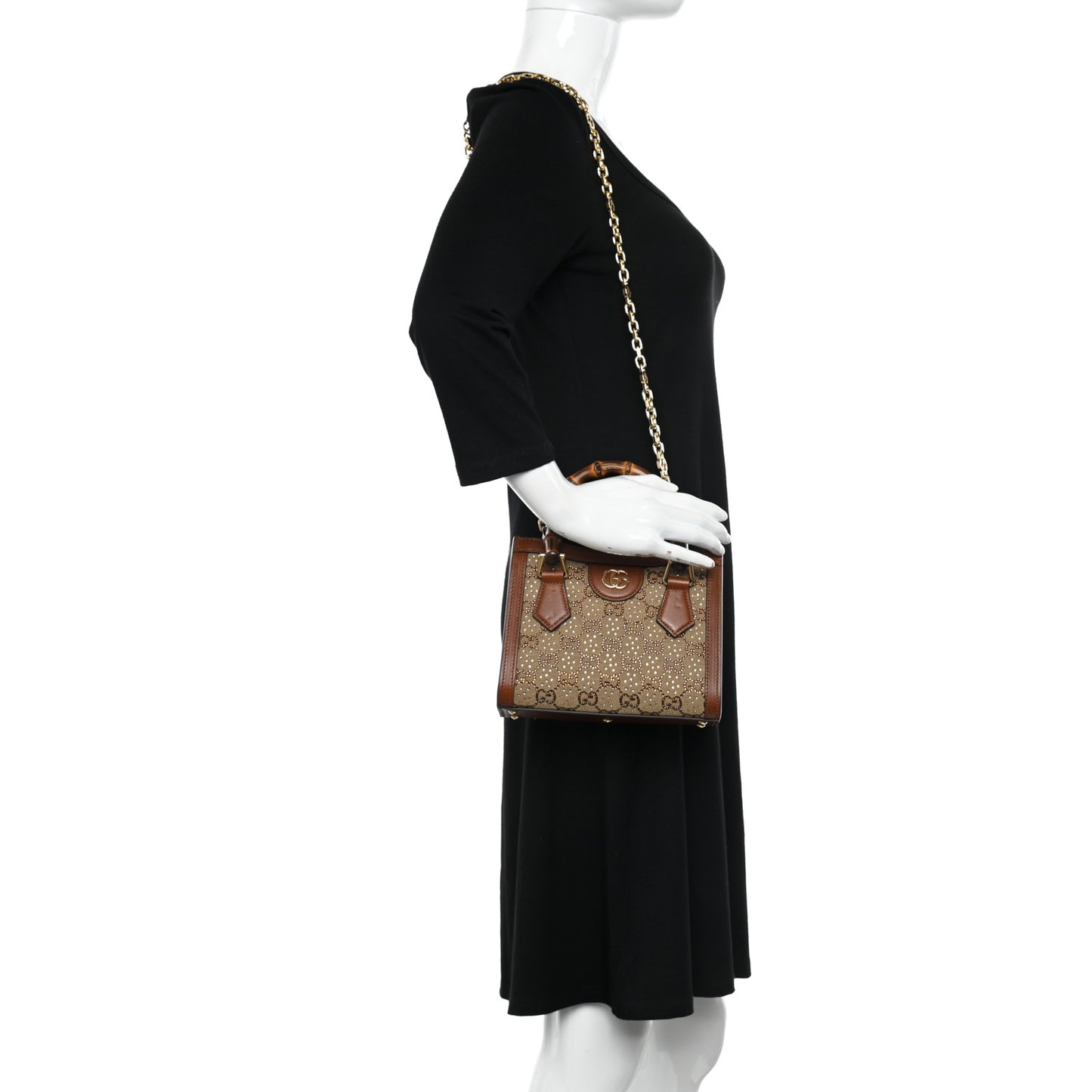 New Canvas Charisma Calfskin Crystal GG Monogram Mini Diana Tote Bag Camel Ebony