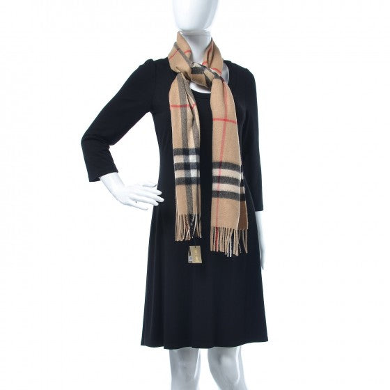 Cashmere Giant Check Fringe Scarf Camel
