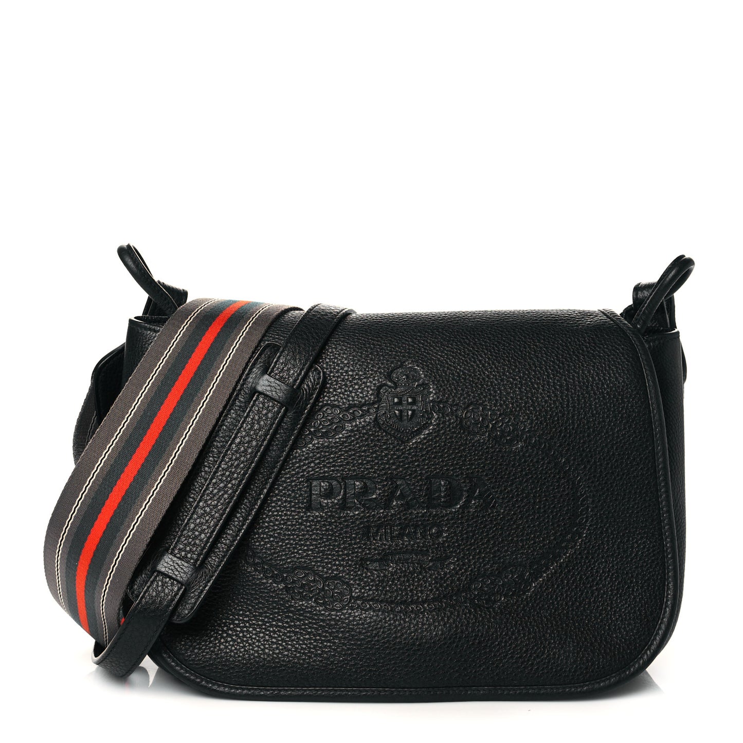 Vitello Daino Logoi Embossed Flap Crossbody Black