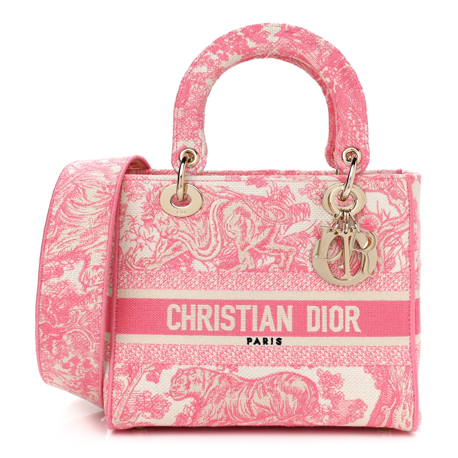 鑑D定D済Christian Dior 中型バッグ ピンク Christian Dior Canvas Toile De Jouy Embroidered Medium Lady D-Lite
