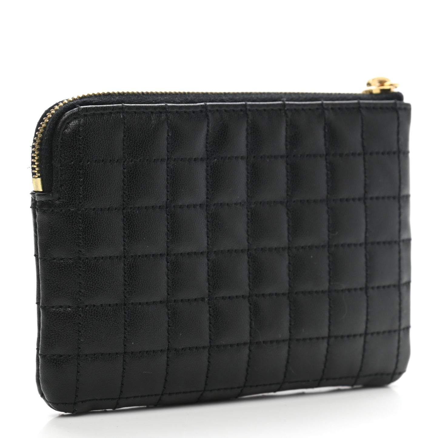 Calfskin Quilted C Charm Coin Card Pouch Black