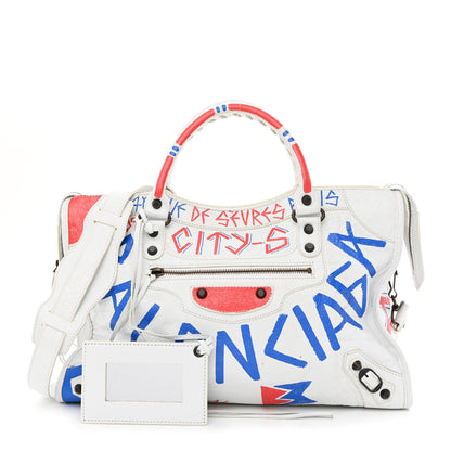Balenciaga Agneau Graffiti All Over Classic Hardware City White Bleu Rouge 1 of 13